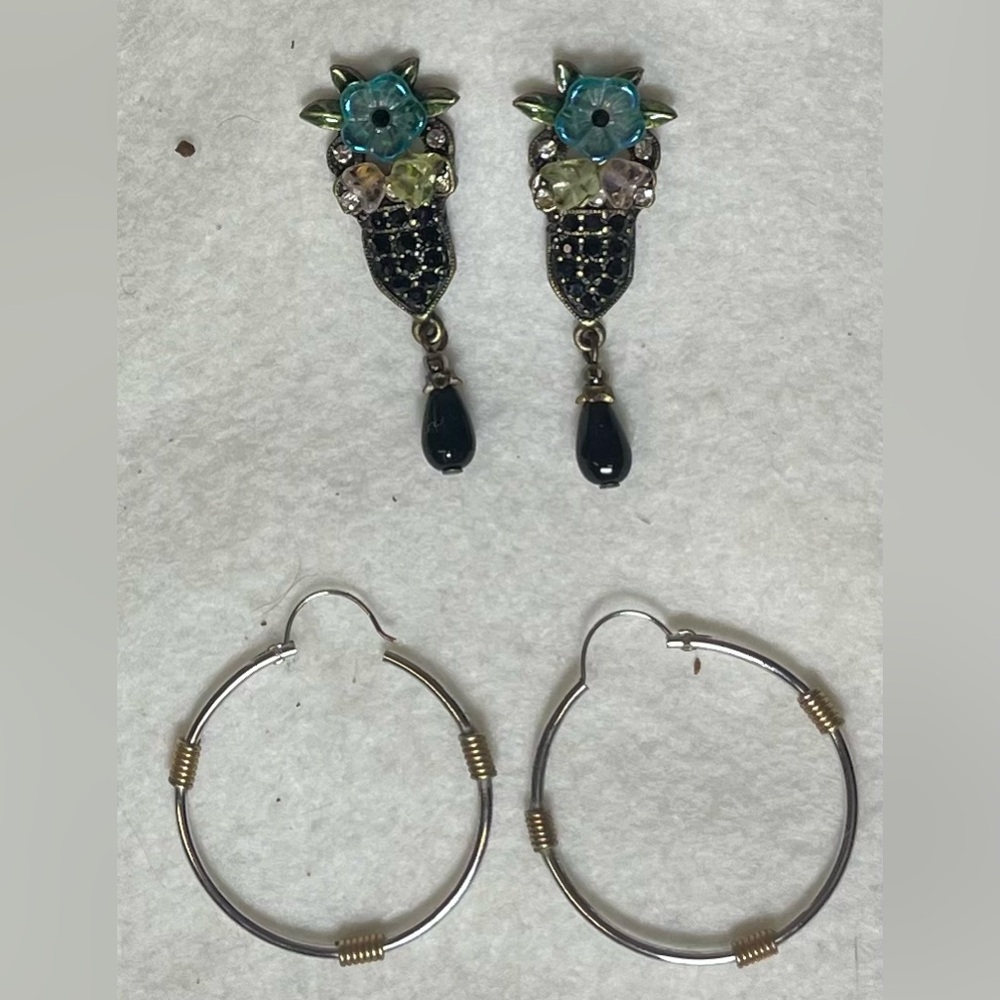 Elegant Black and Blue dangle earrings and Sterling Silver Hoop Earrings Set